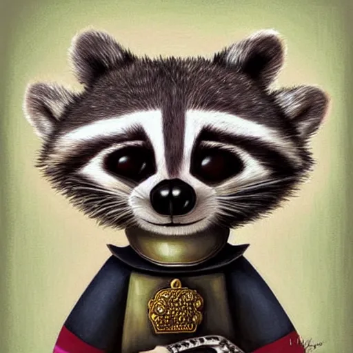 Prompt: a cute raccoon dressed as a knight, cute face, digital painting by Mark Ryden, cute and lovely, high detail,