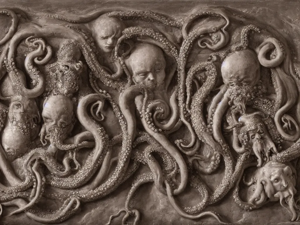 Image similar to twin embryos and octopus with machine gun bas-relief, baroque, highly detailed