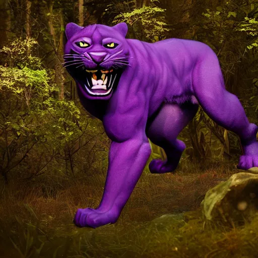 Image similar to a purple panther roaring at the moon in a forest during the night, large moon in the center. trending on artstation. cinematic. photoreal. dark colors. night.