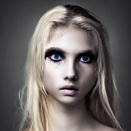 Image similar to A gorgeous blonde, grungy, glowing eyes, modelsociety, radiant skin, huge anime eyes, bright on black, dramatic, cinematic, studio lighting, perfect face, intricate, Sony a7R IV, symmetric balance, polarizing filter, Photolab, Lightroom, 4K, Dolby Vision, Photography Award