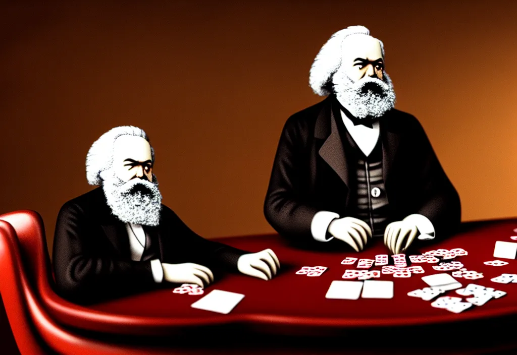 Prompt: Karl Marx playing poker against Lenine in Las Vegas, ultra HD, studio light, photorealism