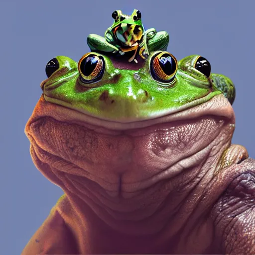 Image similar to a frog sitting on walter white's head, intricate, highly detailed, digital painting, artstation, concept art, smooth, sharp focus, illustration, unreal engine 5, 8 k, art by artgerm and greg rutkowski and alphonse mucha