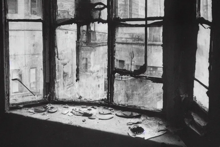 Prompt: photo of a city through the dirty window, photo by Francesca Woodman,