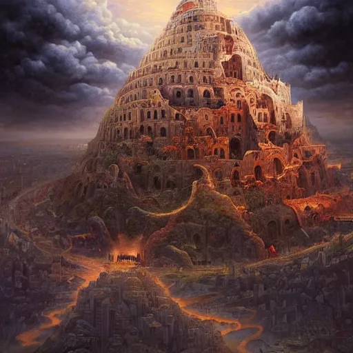 Prompt: Tower of Babel, A mighty city and a tower with its top in the heaven illustration by Renato muccillo and Andreas Rocha and Johanna Rupprecht + dofus colors, wakfu colors + symmetry + greco-roman art, intricate ink illustration, intricate complexity, epic composition, magical atmosphere + wide long shot, wide angle + masterpiece, trending on artstation