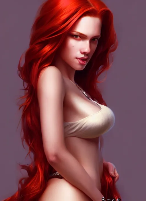 Image similar to a gorgeous female with long red hair in the style of stefan kostic, realistic, full body shot, wide angle, sharp focus, 8 k high definition, insanely detailed, intricate, elegant, art by stanley lau and artgerm, floating embers