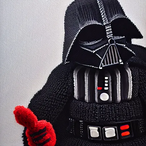 Prompt: a photorealistic photograph of a knitted elmo style puppet darth vader. style of sesame street. hyper detailed, oil on canvas. this 4 k hd image is trending on artstation, featured on behance, well - rendered, extra crisp, features intricate detail, epic composition and the style of unreal engine.