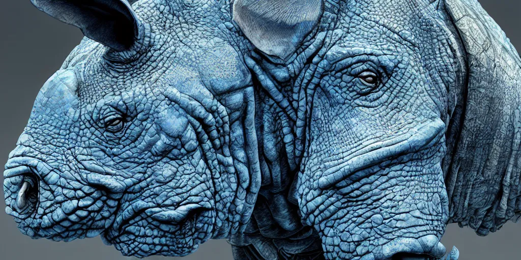 Prompt: hyperrealistic mixed media portrait of a blue Rhinoceros wearing paladin armor, forward angle, stunning 3d render inspired art by P. Craig Russell and Barry Windsor-Smith + perfect facial symmetry + dim volumetric lighting, 8k octane beautifully detailed render, post-processing, extremely hyperdetailed, intricate complexity, epic composition, grim yet sparkling atmosphere, cinematic lighting + masterpiece, trending on artstation