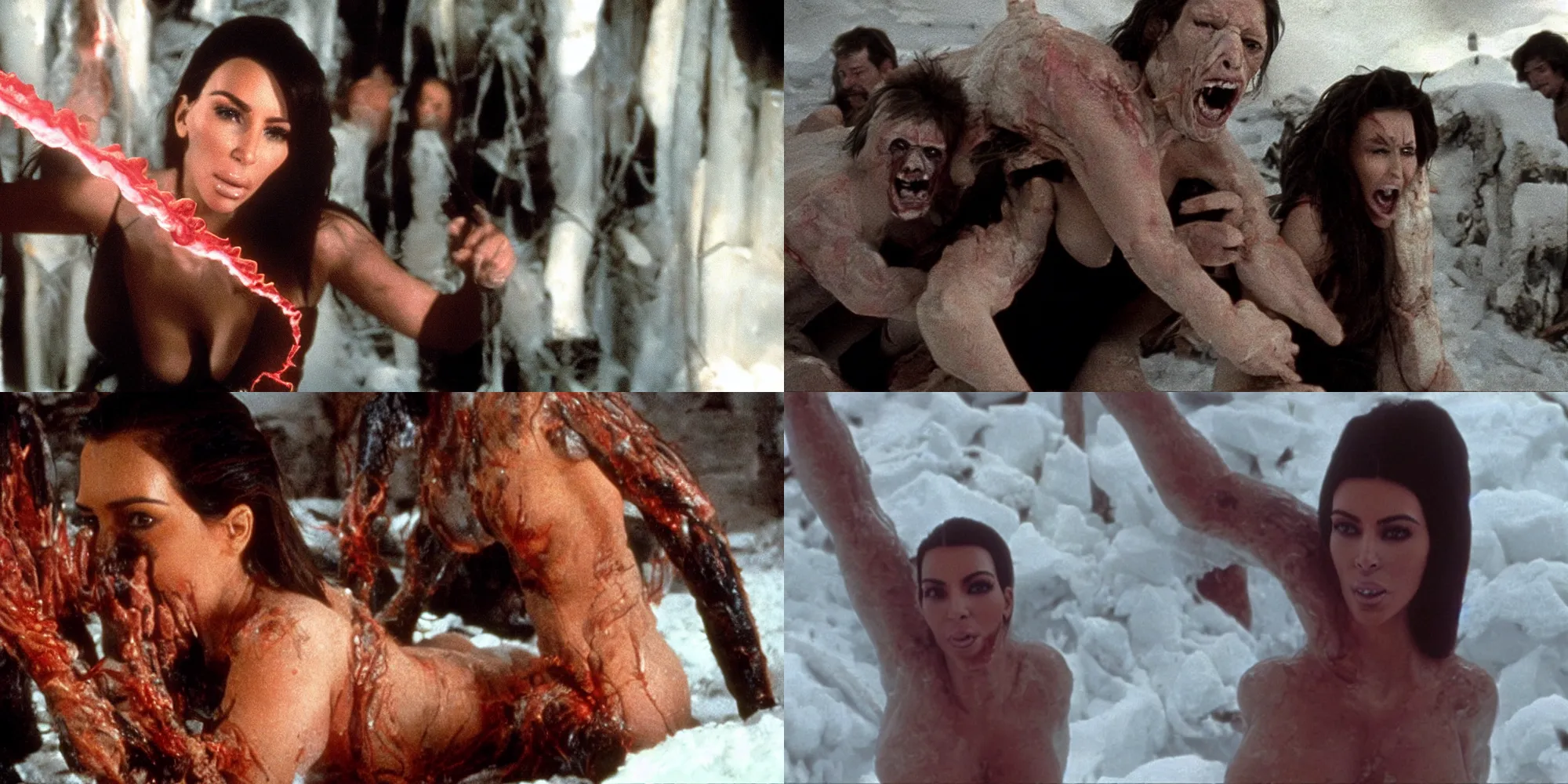 Prompt: kim kardashian body horror in the thing ( 1 9 8 2 ) directed by john carpenter, limb mutations, swollen veins, red flesh strings, antarctica, snow, flamethrower, cinestill 8 0 0 t, 1 9 8 0 s movie still, film grain