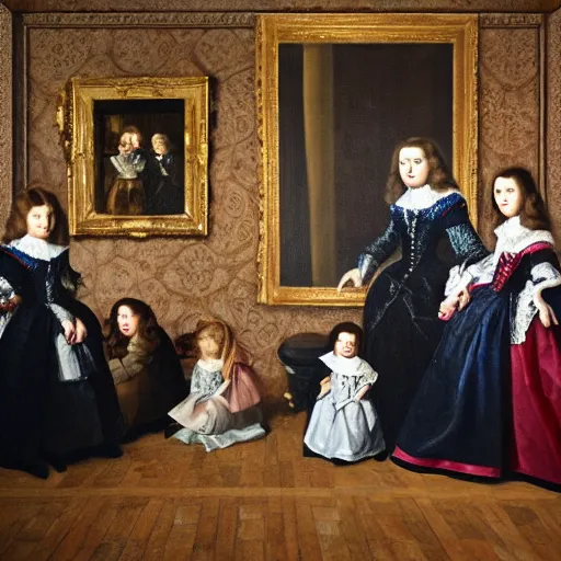 Image similar to extremely detailed oil painting of a family portrait in the main room of the castle painted in 1 6 5 6, dark room, one point of light coming through the window inspired by las meninas, clear spaces between each subject and good detail and realistic eyes, faces for each person, extreme perspective, textured photo - realism, inspired by diego velasquez better quiality