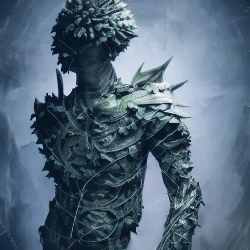 Image similar to vegetal humanoid armored botanical rune covered armor leafy nanotechnology sleek kryptonite protomolecule highly evolved with utility fog tendrils in high contrast cinematic light, mystical shadows, sharp focus, divine realm of gods, octane render