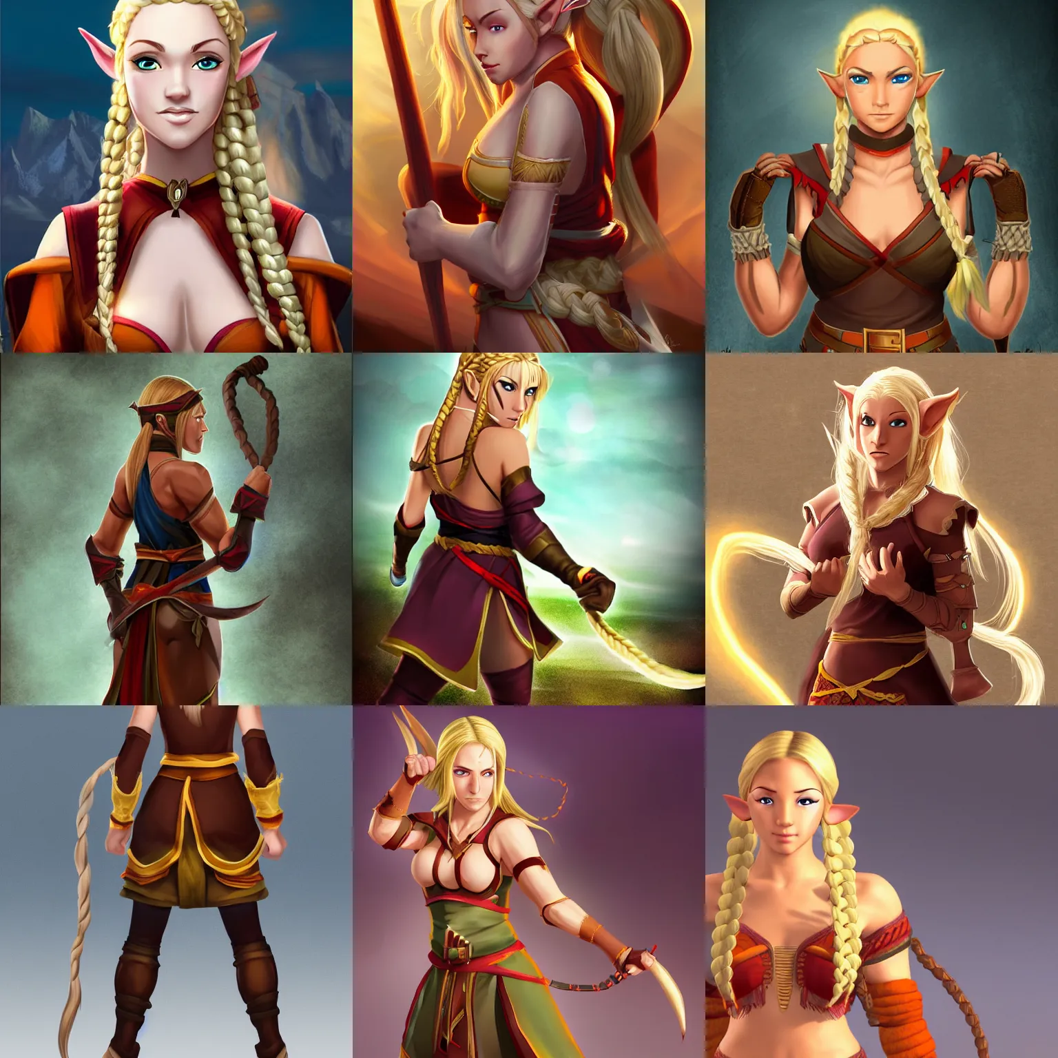 Prompt: half elf monk fighter, beautiful woman, blonde braided hair, character art, full body, back lighting