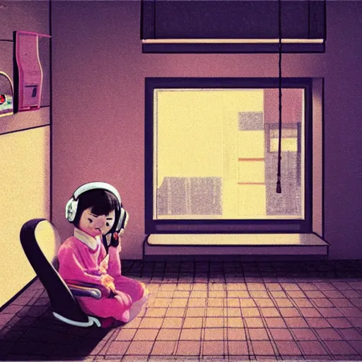 Prompt: a little girl with headphone by yoshitomo nara, in her room, 1 9 8 0, retrofuturism, clean, window, cat, bookself, vase, desk, at night, dramatic lighting, alien technology, detailed by simon stalenhag