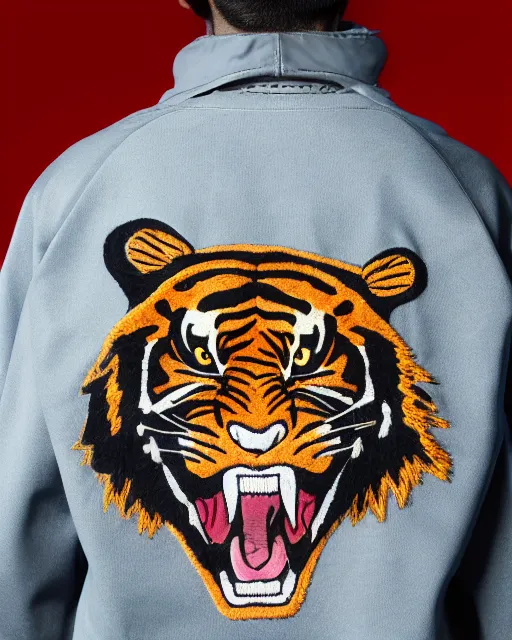 Image similar to photo back of a man wearing baseball jacket with a big japanese tiger and flowers embrodery, dark hangar background, centered, studio lighting, 1 5 0 mm