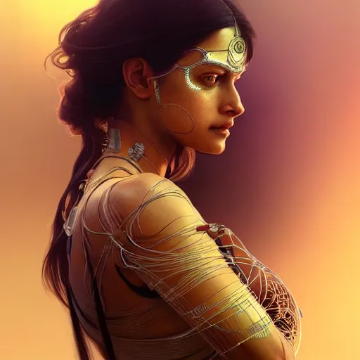 Image similar to ultra realistic illustration, an indian cyborg, transparent, static, intricate, elegant, highly detailed, digital painting, artstation, concept art, smooth, sharp focus, illustration, art by artgerm and greg rutkowski and alphonse mucha