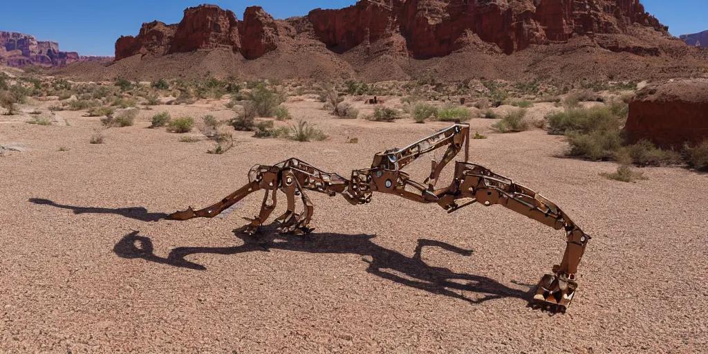 Prompt: giant metal robotic caracal 1 0 0 meters around and 1 million years old discovered after the rain washed away the sand and dirt, in a canyon in the utah desert