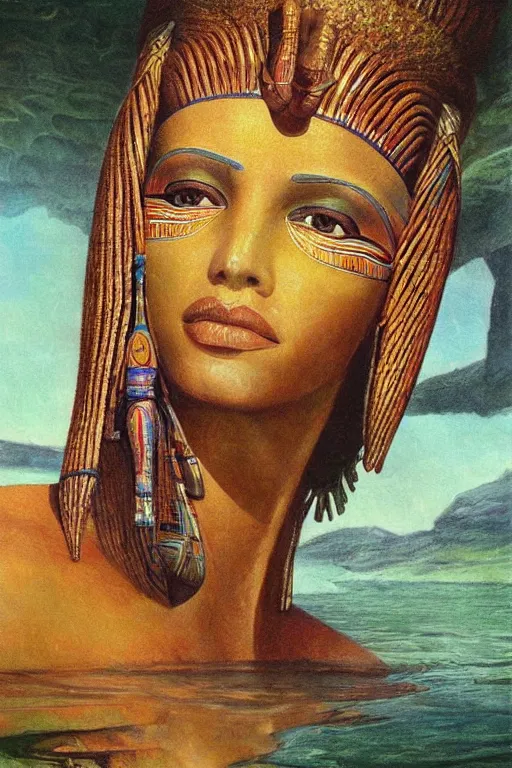 Image similar to painting of Egyptian Mother Nature in a lake, inspired by Gustav Moreau and Wayne Barlowe, exquisite detail, hyper realism, ornate, exquisite detail, cute face