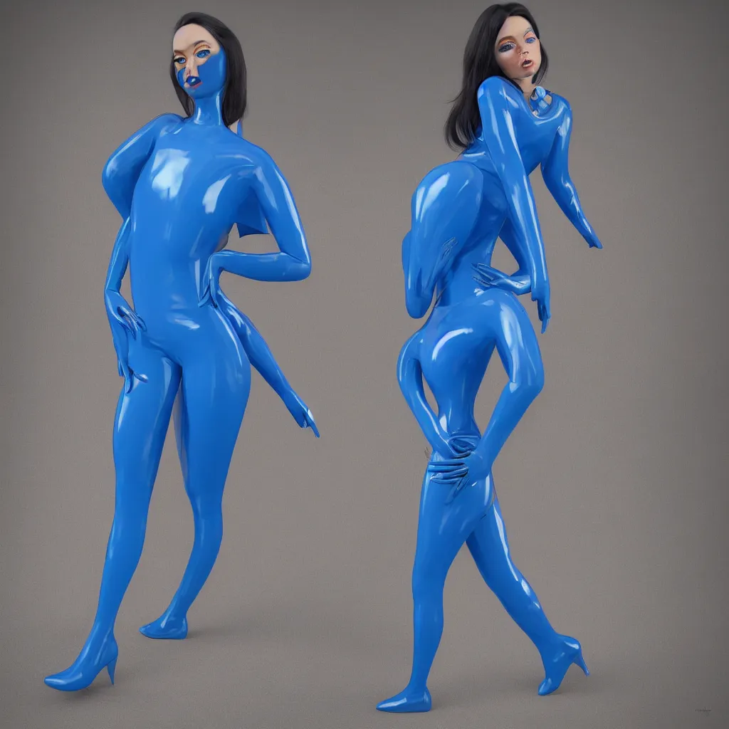 Image similar to a beautiful female wearing a blue latex jumpsuit, eyeballs with different colored iris are poking through the suit, face, torso, legs, feet, octane render, photo realistic, hyper realistic, 8 k resolution in the style of alvin schwartz