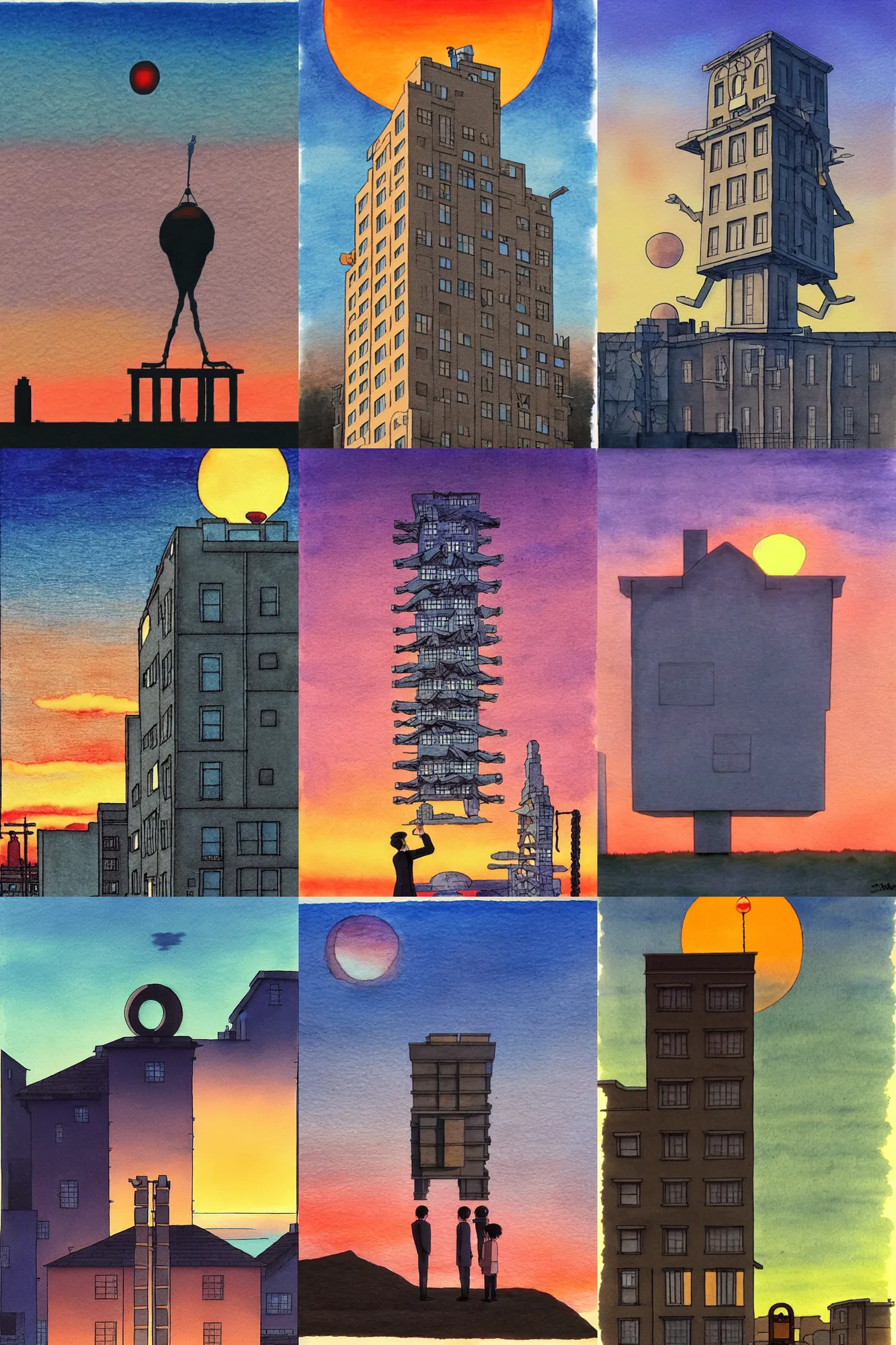 Prompt: humanoid building at sunset by studio ghibli and magritte. ink and watercolor. rtx. trending