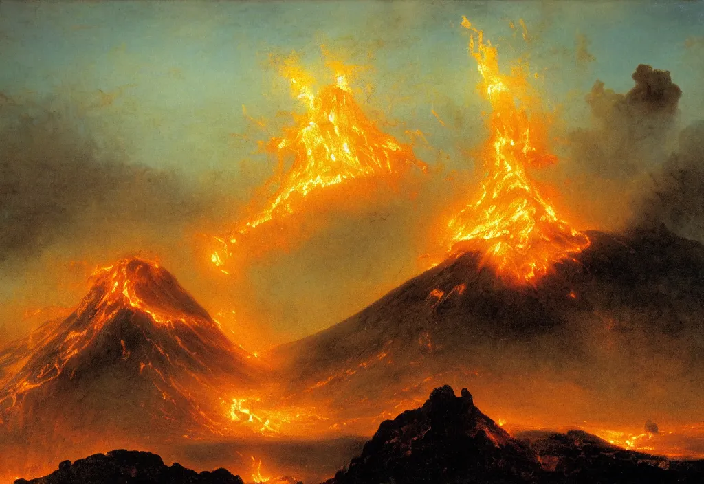 Image similar to a beautiful painting of a volcano oozing lava, pyroclastic clouds forming by albert bierstadt, high resolution, excellent contrast, morning