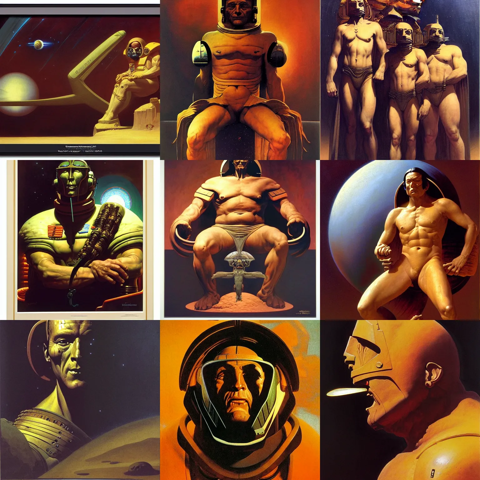 Prompt: portrait of ancient astronaut by syd mead, frank frazetta, ken kelly, simon bisley, richard corben, william - adolphe bouguereau