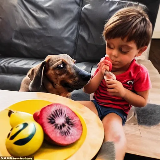 Image similar to award winning photograph, an argentinian playing fortnite with a dachshund, fruit around him, indoor, fun, friendly