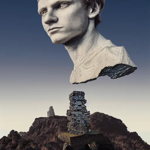 Image similar to peter tarka, minimalistic, hyperrealistic surrealism, award winning masterpiece with incredible details, epic stunning, infinity pool, a surreal vaporwave liminal space, highly detailed, trending on ArtStation, artgerm and greg rutkowski and alphonse mucha, daily deviation, IAMAG, broken giant marble head statue ruins