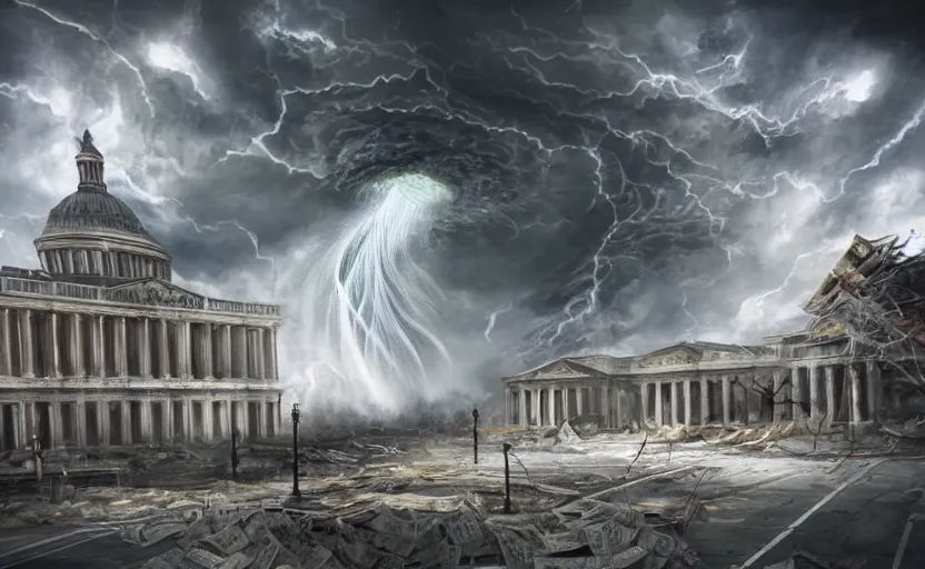 Image similar to A tornado of cash hitting a government building, landscape art, concept art, intense