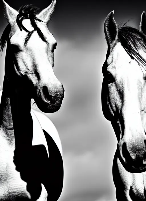 Prompt: two horses black and white portrait white sky in background