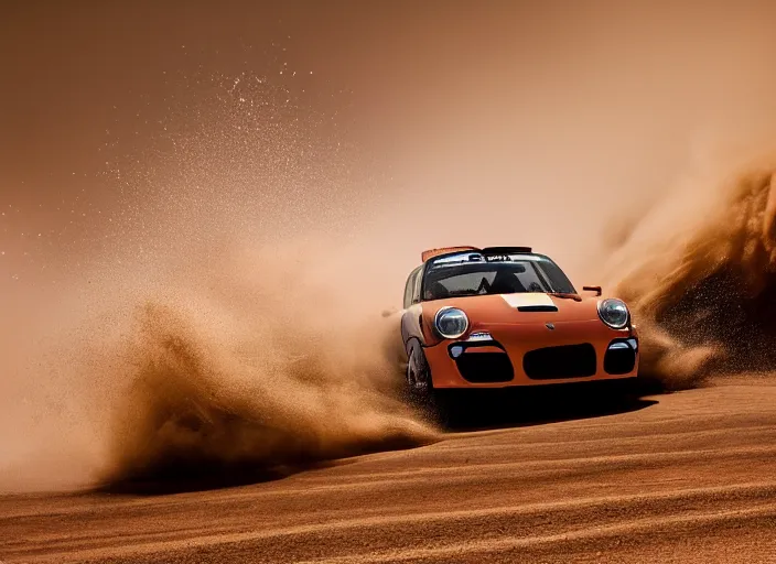 Prompt: sport photography of rallye porsche in desert, massive sandstorm like extremely huge wave in background, motion blur, wide lens