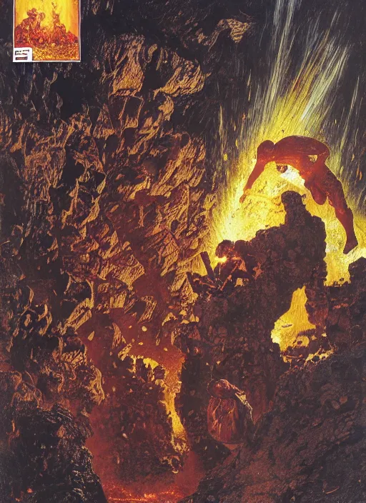 Image similar to knight in armour in lava cave, explosions, lava flows, dynamic action, by lawrence alma - tadema and zdzislaw beksinski and norman rockwell and jack kirby and tom lovell and greg staples