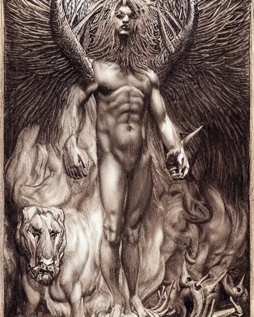 Image similar to a creature with the body and eyes of a man, with the beak of an eagle, the mane of a lion, and the horns of an ox. drawn by jean delville