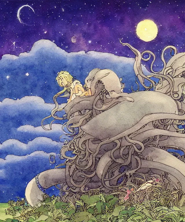 Image similar to a hyperrealist studio ghibli watercolor fantasy concept art. in the foreground is a giant long haired grey squid sitting in lotus position on top of stonehenge with shooting stars all over the sky in the background. by rebecca guay, michael kaluta, charles vess