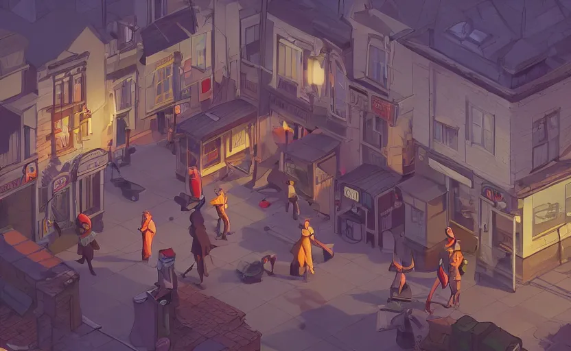 Image similar to townsmen meet the town detective to present a new case, moebius, james gilleard, print, game art