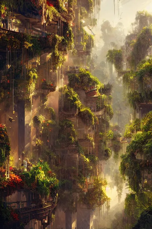 Image similar to magnificent view of the hanging gardens of babylon, intricate, elegant, volumetric lighting, digital painting, highly detailed, artstation, sharp focus, illustration, concept art, ruan jia, steve mccurry