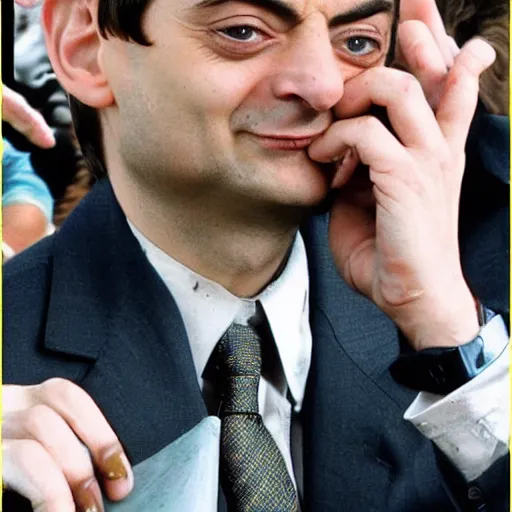 Image similar to mr. bean throwing beans on top of tobey maguire's face, really annoyed, messy, greasy, wet, sloppy
