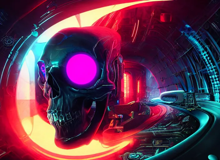 Image similar to a futuristic skull with glowing eyes and a wormhole tunnel, cyberpunk art by android jones, behance contest winner, computer art, darksynth, synthwave, rendered in cinema 4 d