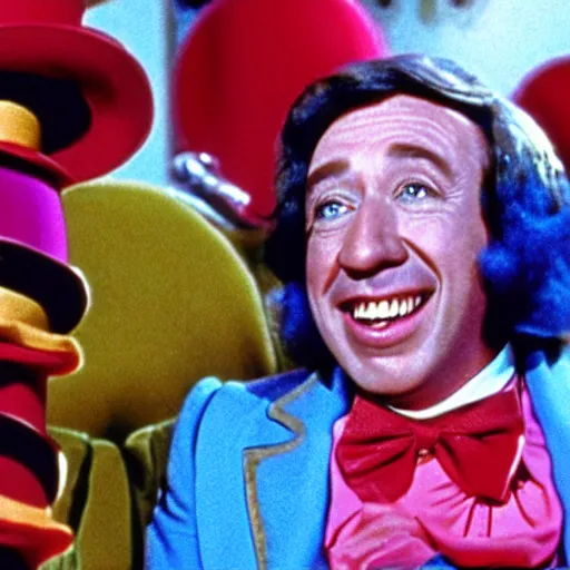 Prompt: a frame from the 1 9 7 1 movie willy wonka and the chocolate factory, starring tim allen, portrait, in focus, smiling