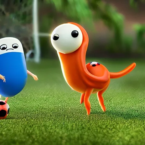 Image similar to a family of shrimp playing soccer, adventure time, 4k, cute,