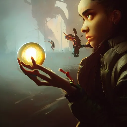 Prompt: Grimes with magic orb close-up illustrated by Greg Rutkowski, trending on artstation, artstationHQ, artstationHD, 4k, 8k, photorealistic composition, photorealistic imagery