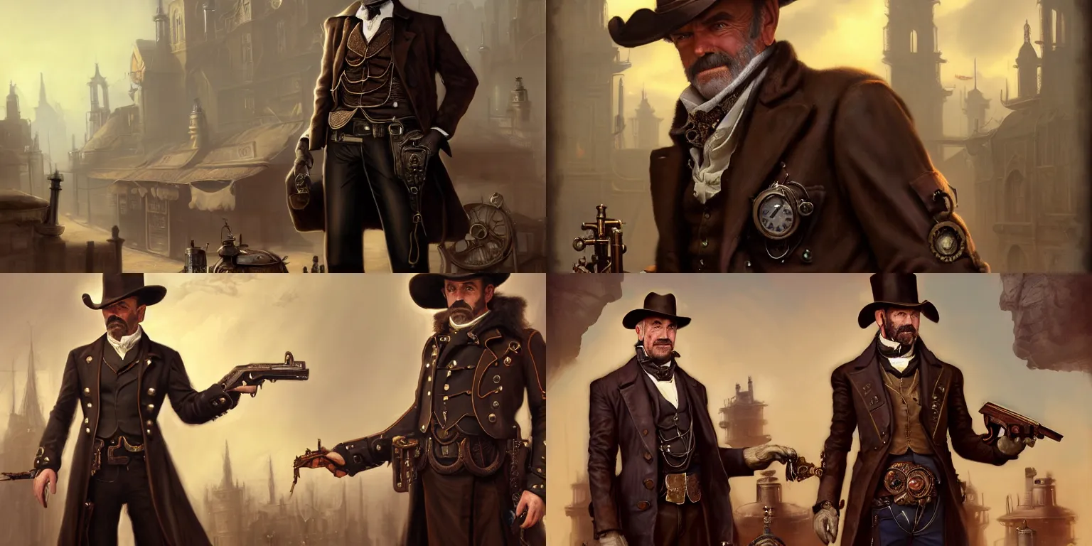 Prompt: full-length portrait of a noble gunslinger gentleman Sean Connery in hat in the center, holding arms on holsters , matte painting of steampunk machines on background, by tyler edlin and lindsey look, victorian, concept art, steam romance, steam-punk illustration, detailed, 4k resolution, trending on artstation