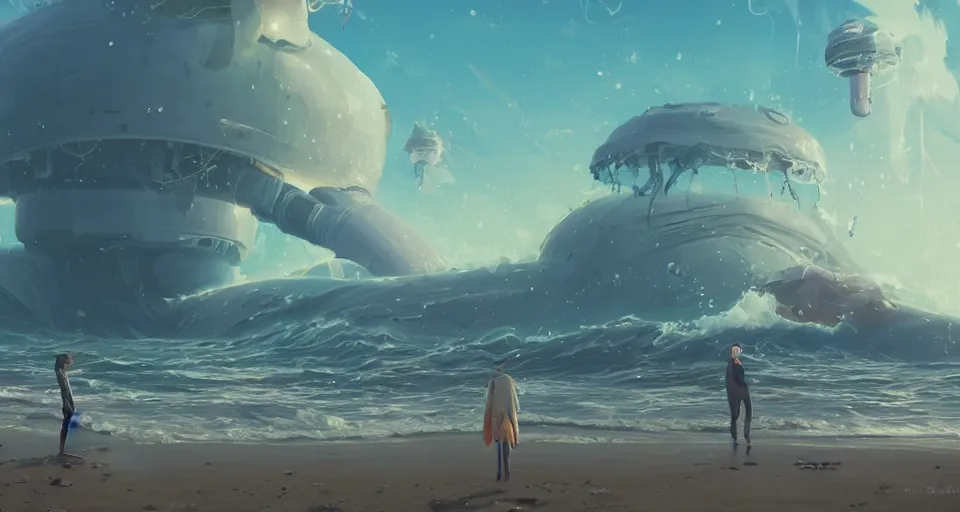 Prompt: A very beautiful serene coastal landscape scene with a GIANT MECHA JELLYFISH looming in the distance, bright sunny the great waves of kanagawa splashing on the beach, Translucent rendered by simon stålenhag, rendered by Beeple, Makoto Shinkai, syd meade, environment concept, digital art, starwars, unreal engine, 3 point perspective, WLOP, trending on artstation, low level, 4K UHD image, octane render,