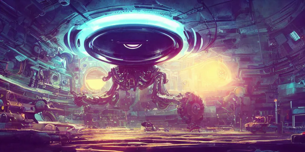 Image similar to huge mechanical creature robot in the middle, its big round eye facing the camera, the eye emits a radiating glowing aura, symmetrical, global illumination, ray tracing, underwater background, garage punk vibes, hdr, fanart, artstation, by ian pesty and alena aenami, artworks, 4 k
