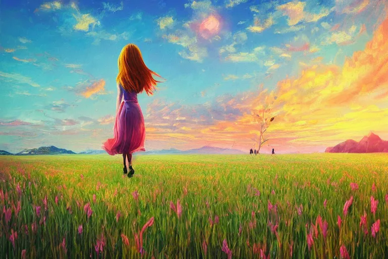 Image similar to giant gladiola head, girl walking in field of flowers, surreal photography, sunrise, blue sky, dramatic light, impressionist painting, digital painting, artstation, simon stalenhag