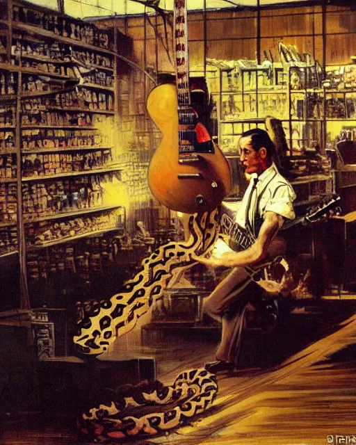 Prompt: Snake Oil salesman shredding on a Gibson Les Paul in a snake oil warehouse, snakes and oil everywhere, painting by Frank Frazetta