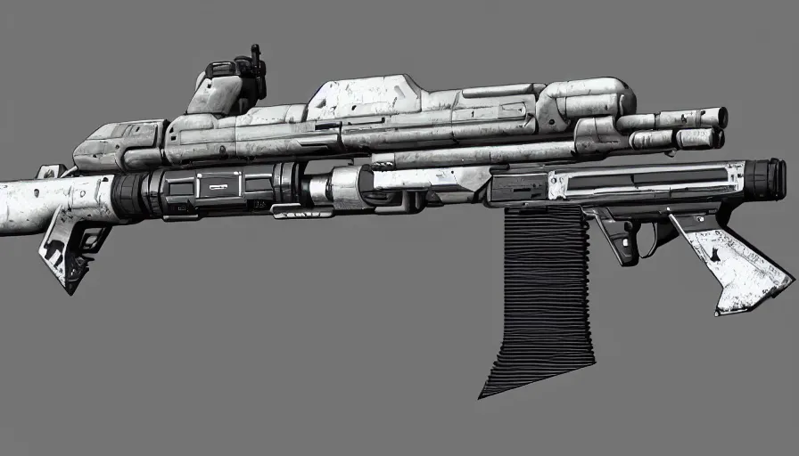 Prompt: extremely detailed realistic side view of a sci fi bullpup gauss rifle, detailed pistol trigger, chemically propelled, massive battery, smooth streamline, side fed, railgun, chemrail, gauss, elegant sleek smooth body, white paint, sleek utopian design, ultra high quality, photo, octane, call of duty, warframe, terminator