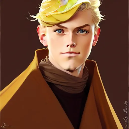 Image similar to blonde boy with yellow eyes wearing a brown cape, in the style of studio ghibli, j. c. leyendecker, greg rutkowski, artgerm