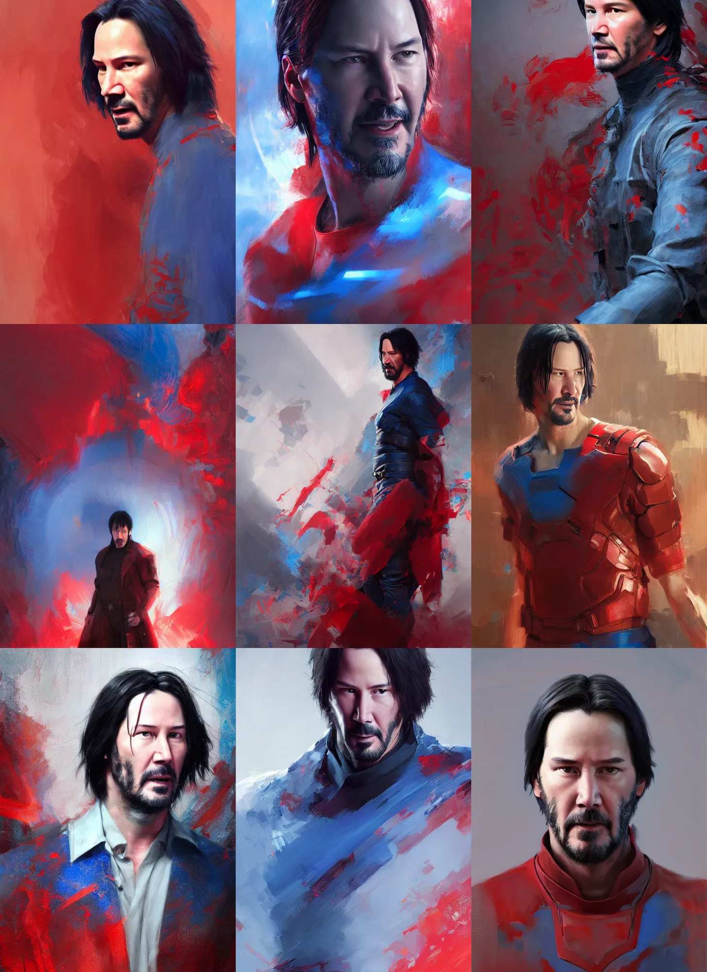 Prompt: keanu reeves, bowl haircut, red and blue cloth, marvel comics, dark, intricate, highly detailed, smooth, artstation, digital illustration, ruan jia, mandy jurgens, rutkowski