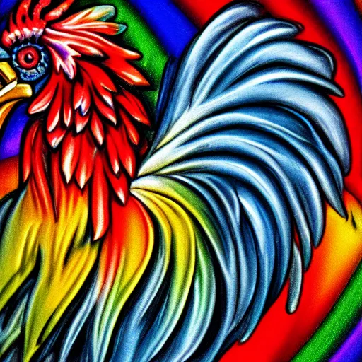 Image similar to Ornate Rainbow Rooster Portrait Antique style Barn background