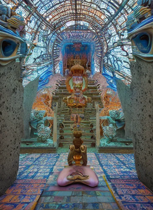 Image similar to breathtakingly beautiful ultrawide angle colour masterpiece weird dream, low angle view from inside a buddhist temple, figure meditating close shot, strange beautiful derelict temple, incredible sense of depth and perspective and clarity, arch, symmetry symmetrical, h. r. giger and alex grey and hiroshi yoshida and moebius and studio ghibli, 8 k