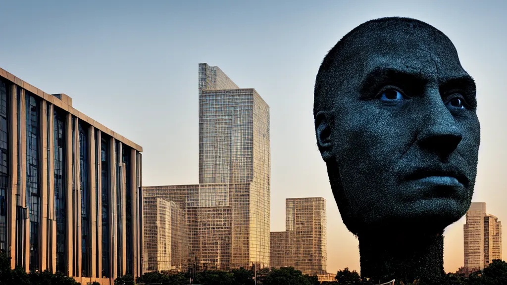 Image similar to the strange giant head at the office building, made of oil and water, film still from the movie directed by Denis Villeneuve with art direction by Salvador Dalí, golden hour